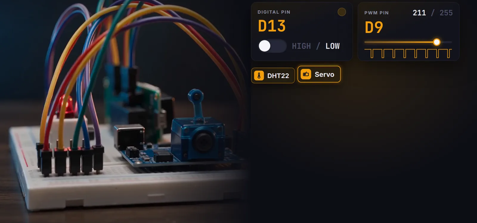 Pin, DHT22 sensor and servo blocks next to a breadboard