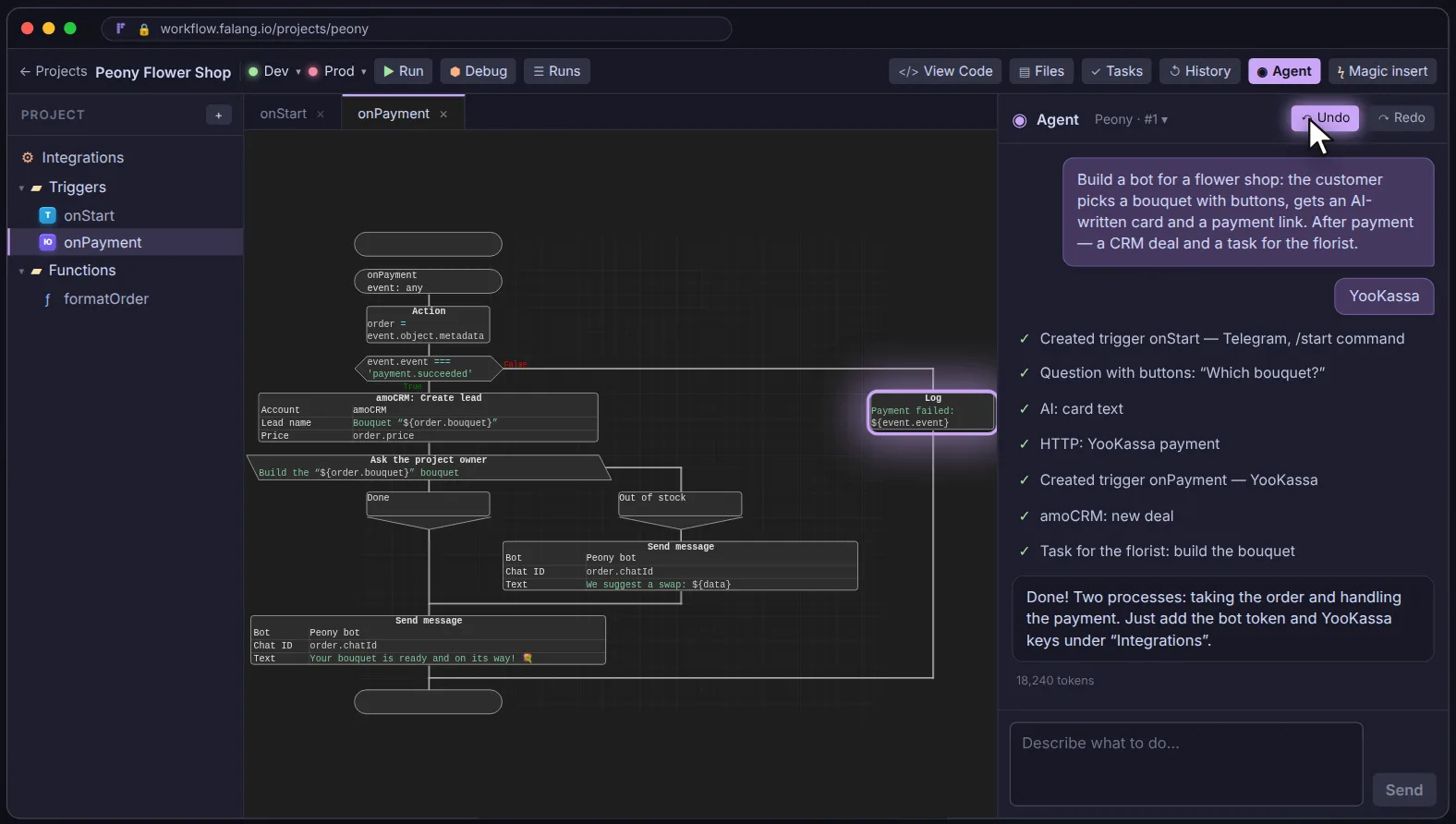 FalangFlow: the AI agent has built a payment diagram