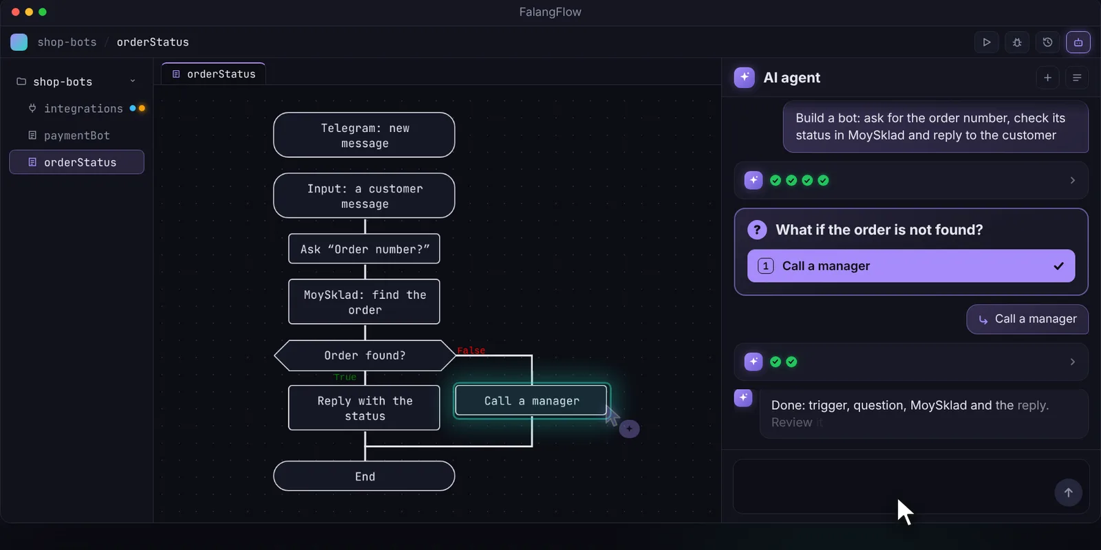 A FalangFlow window with the AI agent panel asking a clarifying question